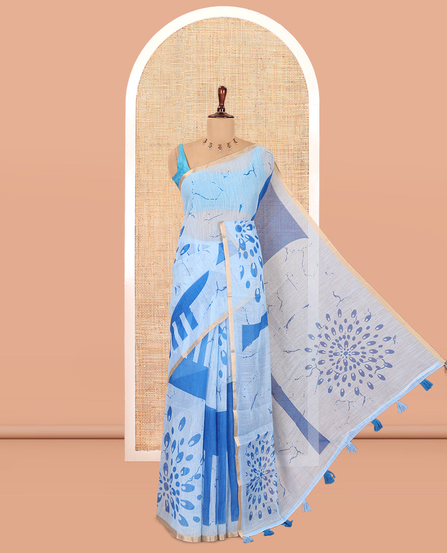 Borderless Blue Linen Cotton Saree, Elevated with Geometric-Abstract Print and a Contrast Blouse