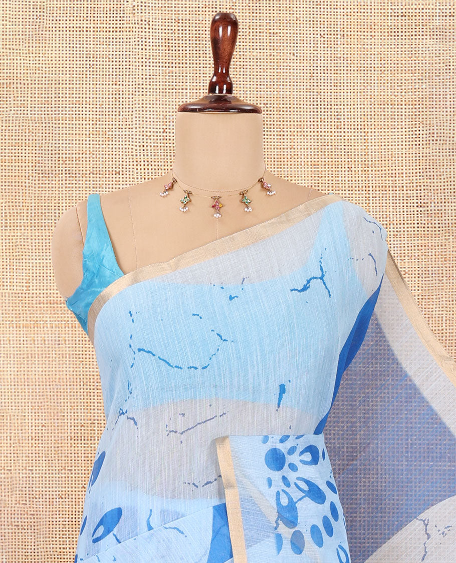 Borderless Blue Linen Cotton Saree, Elevated with Geometric-Abstract Print and a Contrast Blouse