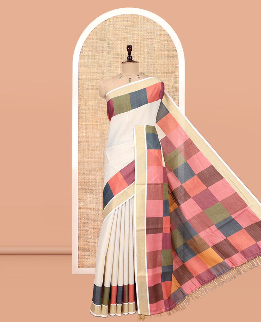 Gold Plain Kerala Tissue Cotton Saree, a Contrast Big Multi-Color Checked Border, Checked Pallu, and a Contrast Blouse