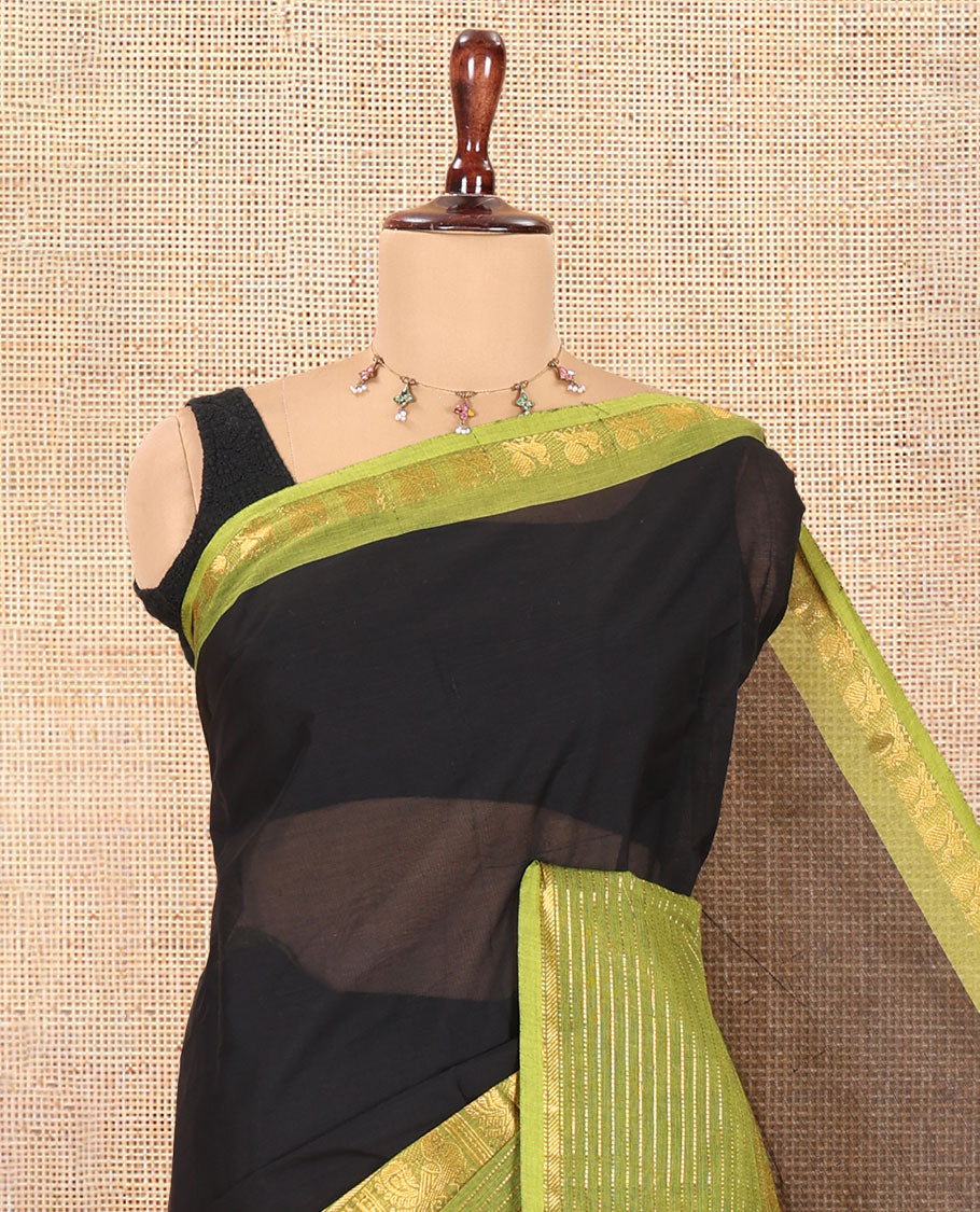 Black Plain Chettinad Cotton Saree, a Contrast Traditional Peacock Zari Border, Striped Pallu, and a Matching Blouse