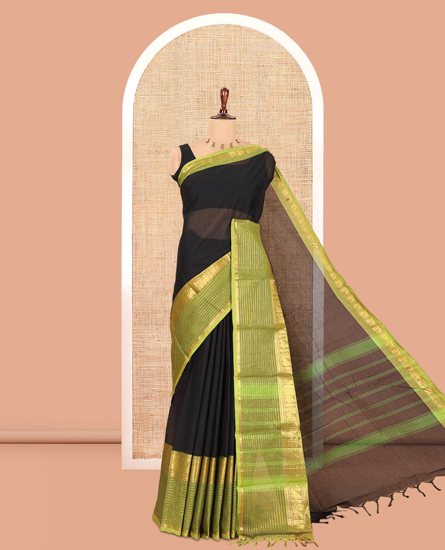 Black Plain Chettinad Cotton Saree, a Contrast Traditional Peacock Zari Border, Striped Pallu, and a Matching Blouse
