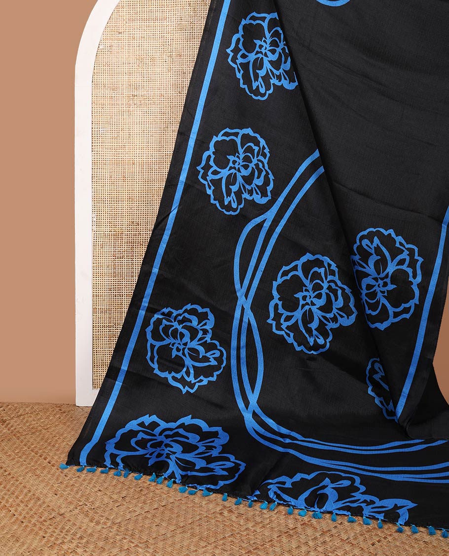 Black with blue geometrical design khadhi cotton saree with self border & solder pallu along with plain blouse