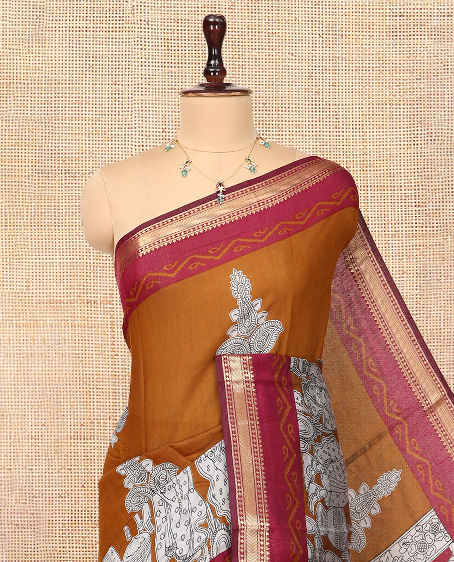 Mustard Chanderi Cotton Saree, Accentuated with Kalamkari Print, a Contrast Zari Border, Kalamkari Pallu, a Contrast Blouse