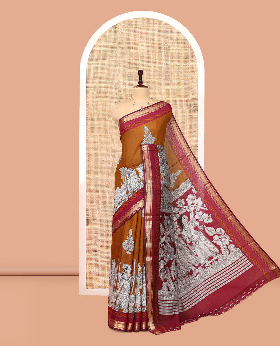 Mustard Chanderi Cotton Saree, Accentuated with Kalamkari Print, a Contrast Zari Border, Kalamkari Pallu, a Contrast Blouse