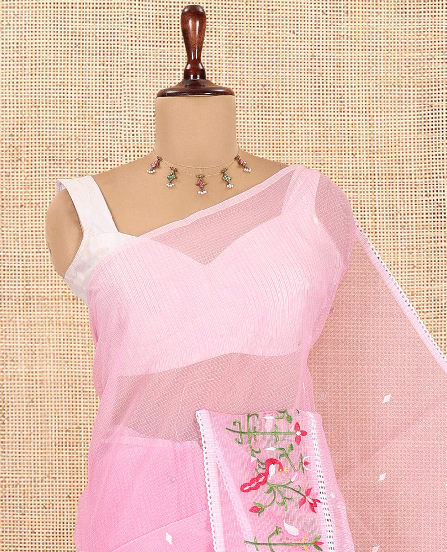 Pink Kota Doria Saree, Subtly Sparkled With Buttas, a Floral-Bird Thread Work Border, a Self-Pallu, a Matching Blouse