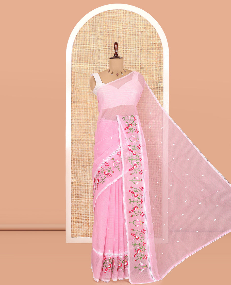 Pink Kota Doria Saree, Subtly Sparkled With Buttas, a Floral-Bird Thread Work Border, a Self-Pallu, a Matching Blouse