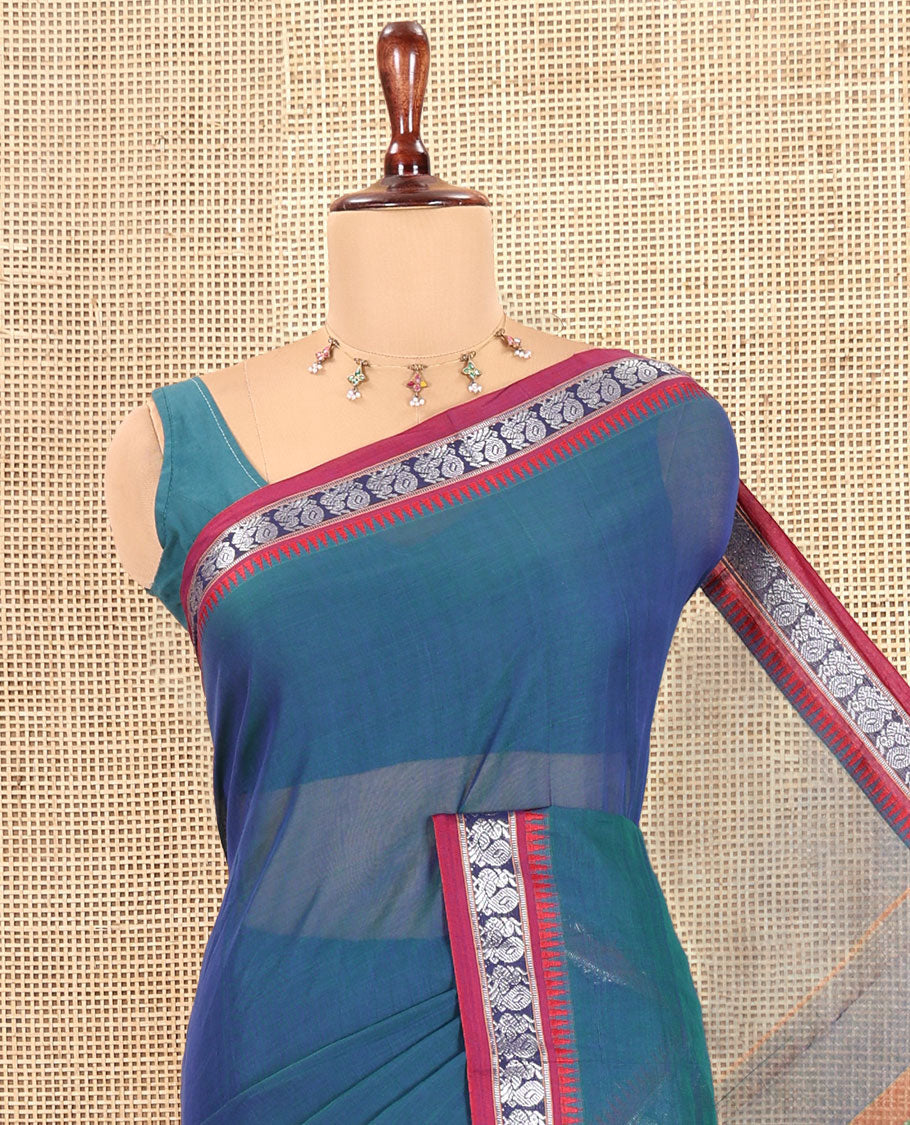 Blue Plain Mercerized Cotton Saree, a Contrast Peacock Temple Thread Border, Striped Pallu, and a Matching Blouse