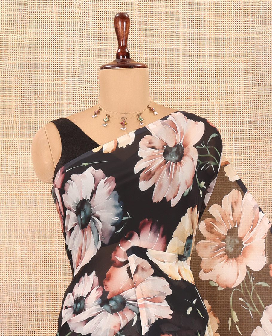Borderless Black Chiffon Saree, Accentuated with Floral Motif Print, a Self-Pallu, and No Blouse