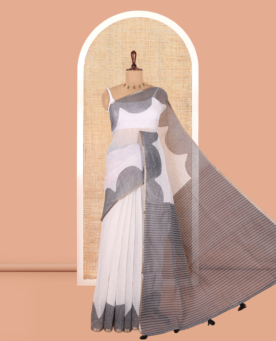 White Plain Linen Cotton Saree