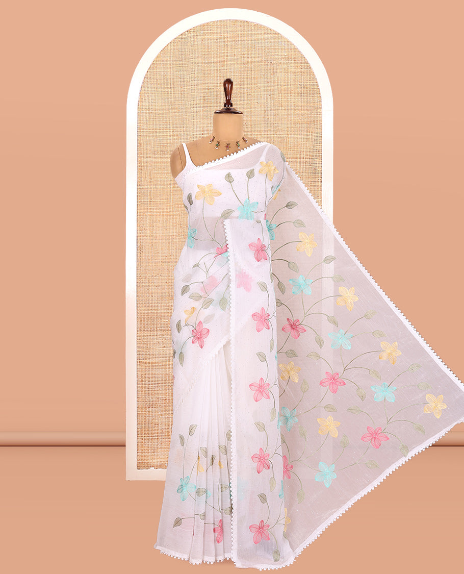 White Fendi Crush Chiffon Saree