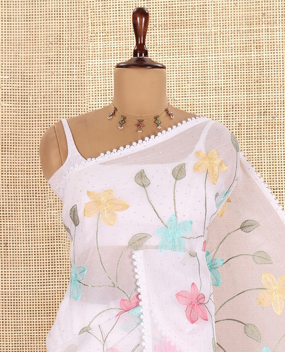 White Fendi Crush Chiffon Saree