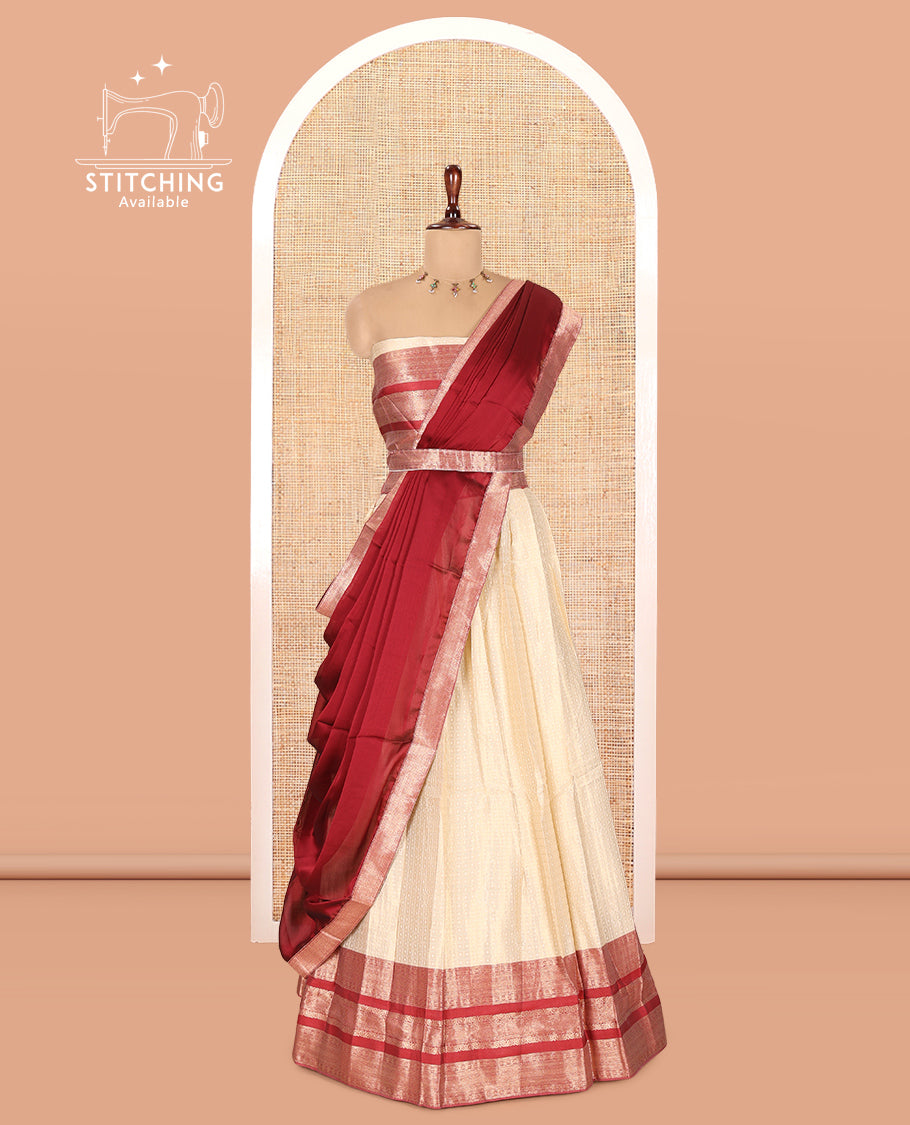 Cream-Red Semi-Silk Half-Saree