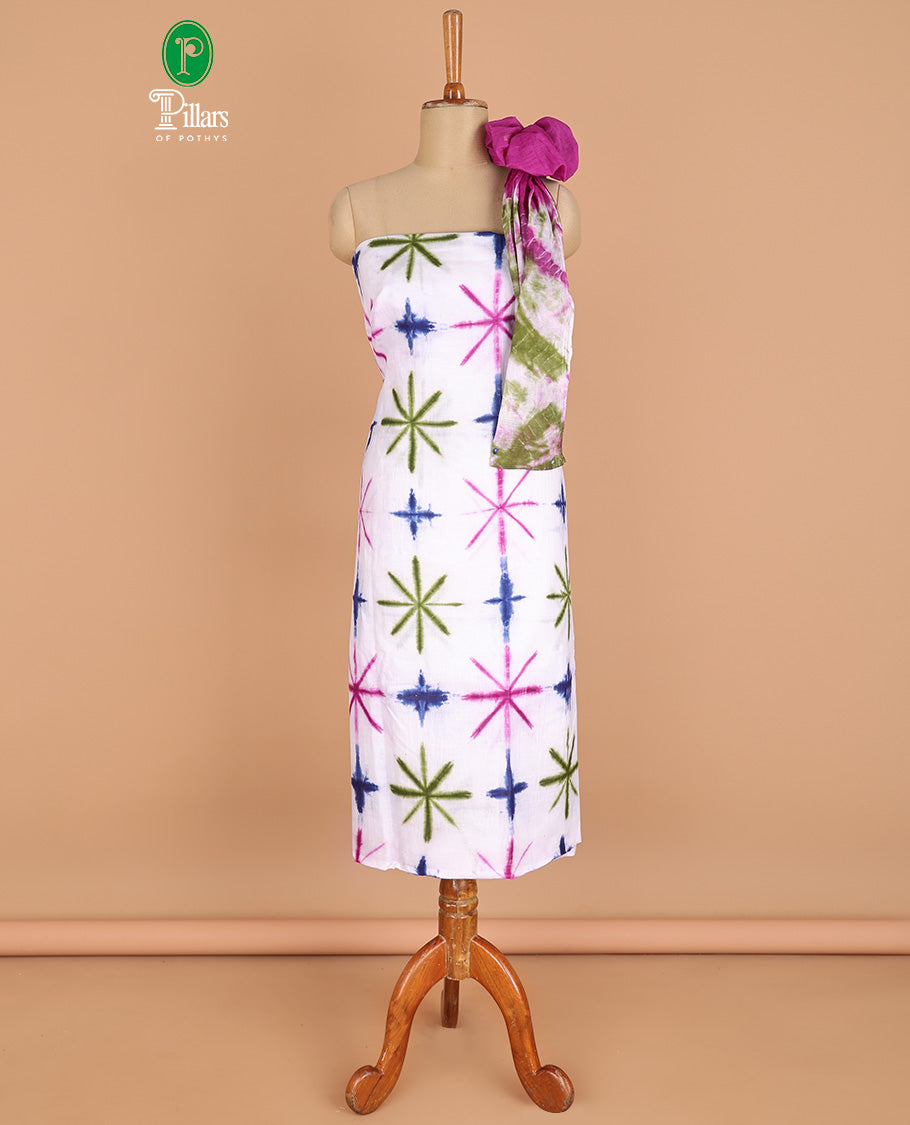Cream with blue chudidhar material pure cotton batik print top with cotton pants & double side hand print dupatta