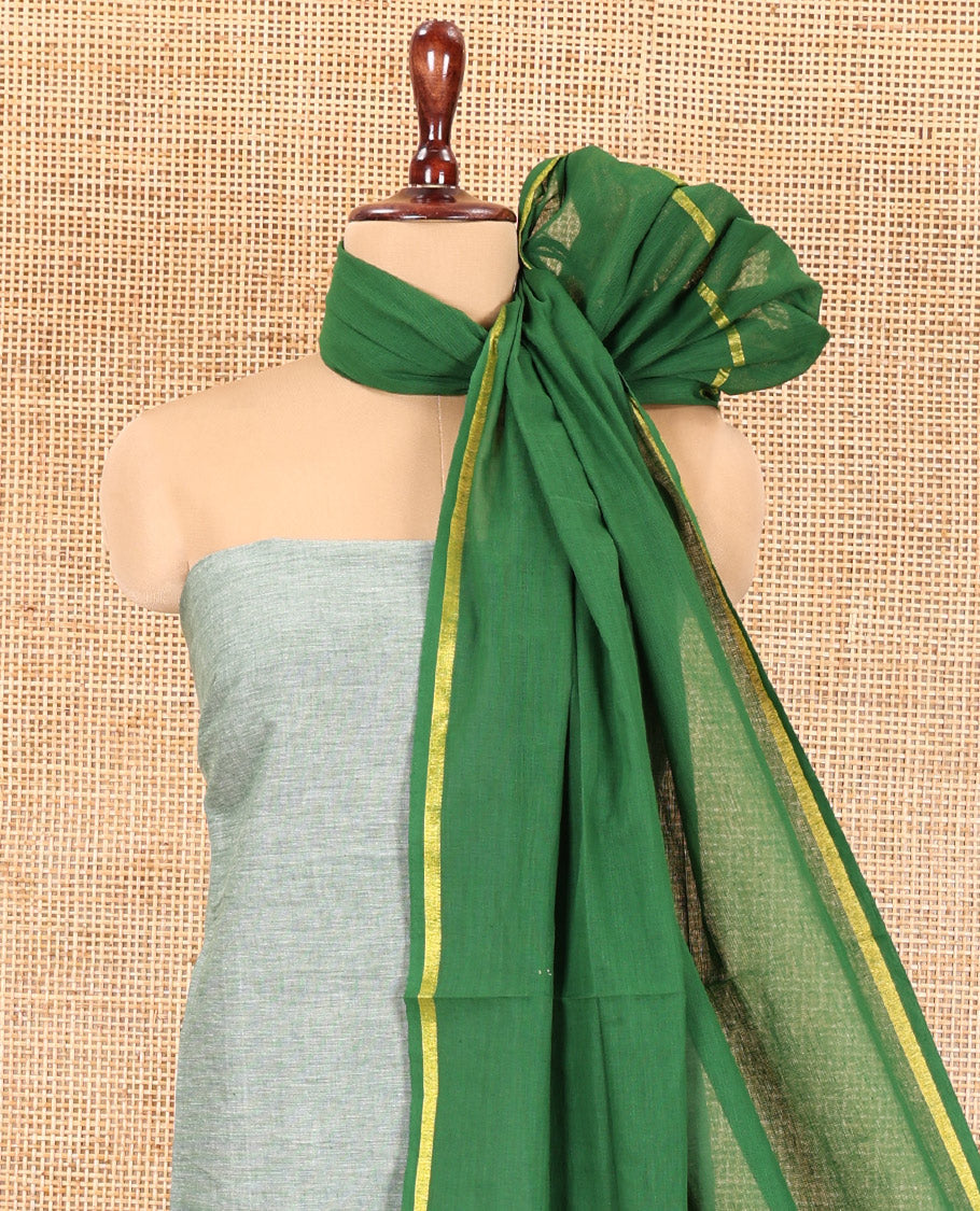 Green Handloom Material Chudidar, Peacock-Chakram Motifs-Threaded Top, a Contrast Plain Bottom, and a Contrast Dupatta