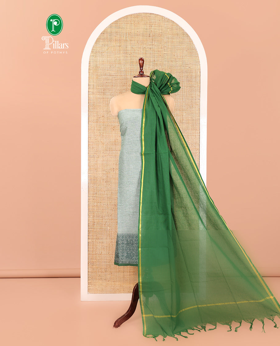 Green Handloom Material Chudidar, Peacock-Chakram Motifs-Threaded Top, a Contrast Plain Bottom, and a Contrast Dupatta