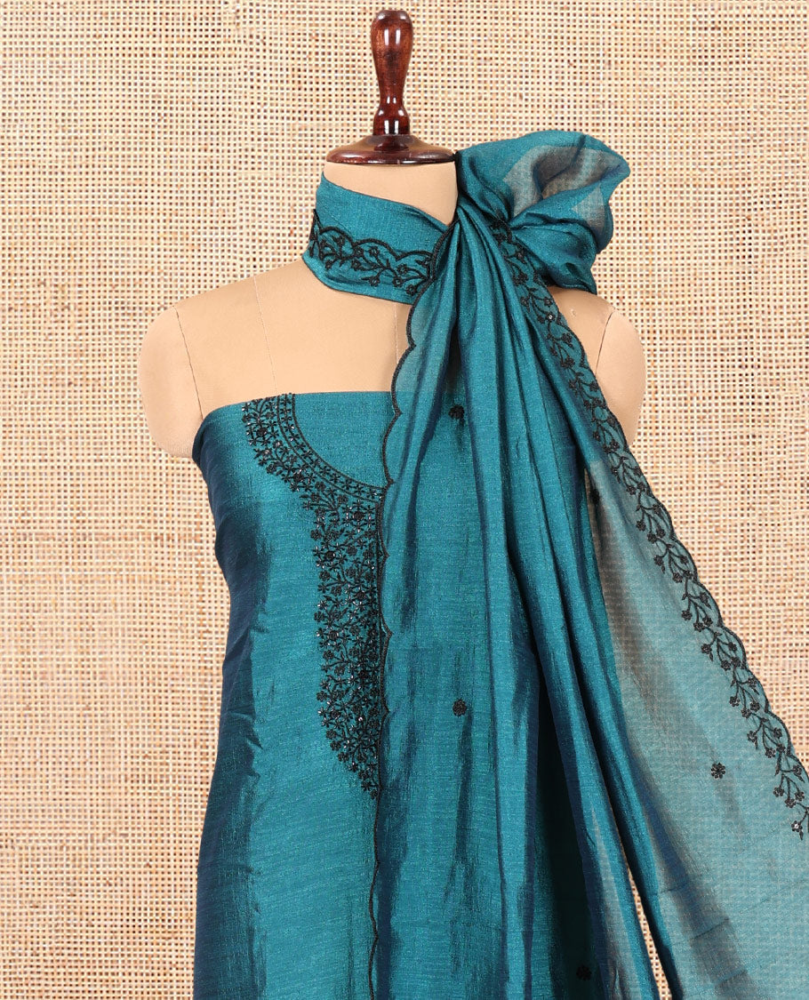 Peacock Blue Vichitra Silk Material Chudidar Set, Finely Crafted with Thread Embroidery Top, Matching Bottom, and Thread Work Dupatta