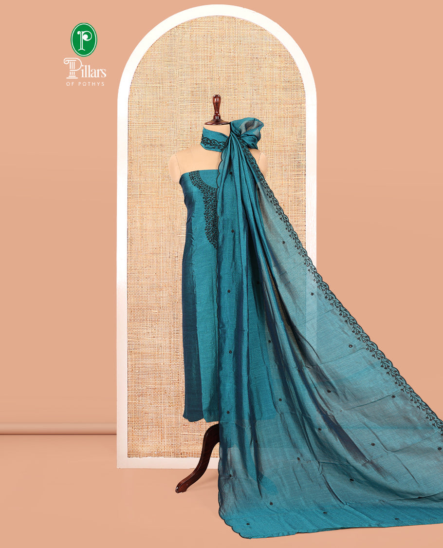 Peacock Blue Vichitra Silk Material Chudidar Set, Finely Crafted with Thread Embroidery Top, Matching Bottom, and Thread Work Dupatta