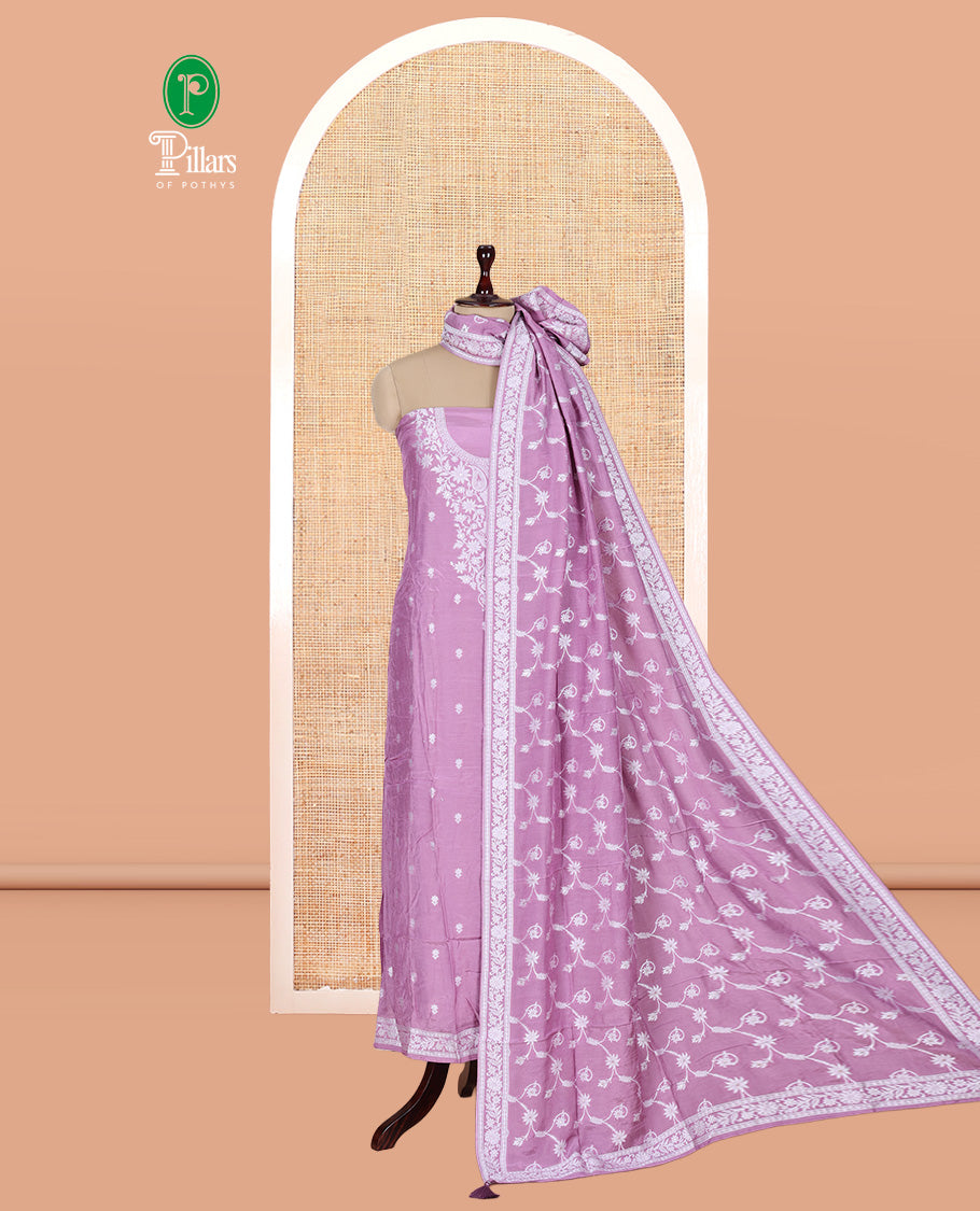 Lavender Viscose Muslin Material Churidar Features Buttas Thread Woven Top, a Santoon Bottom, and Floral Jaal Dupatta