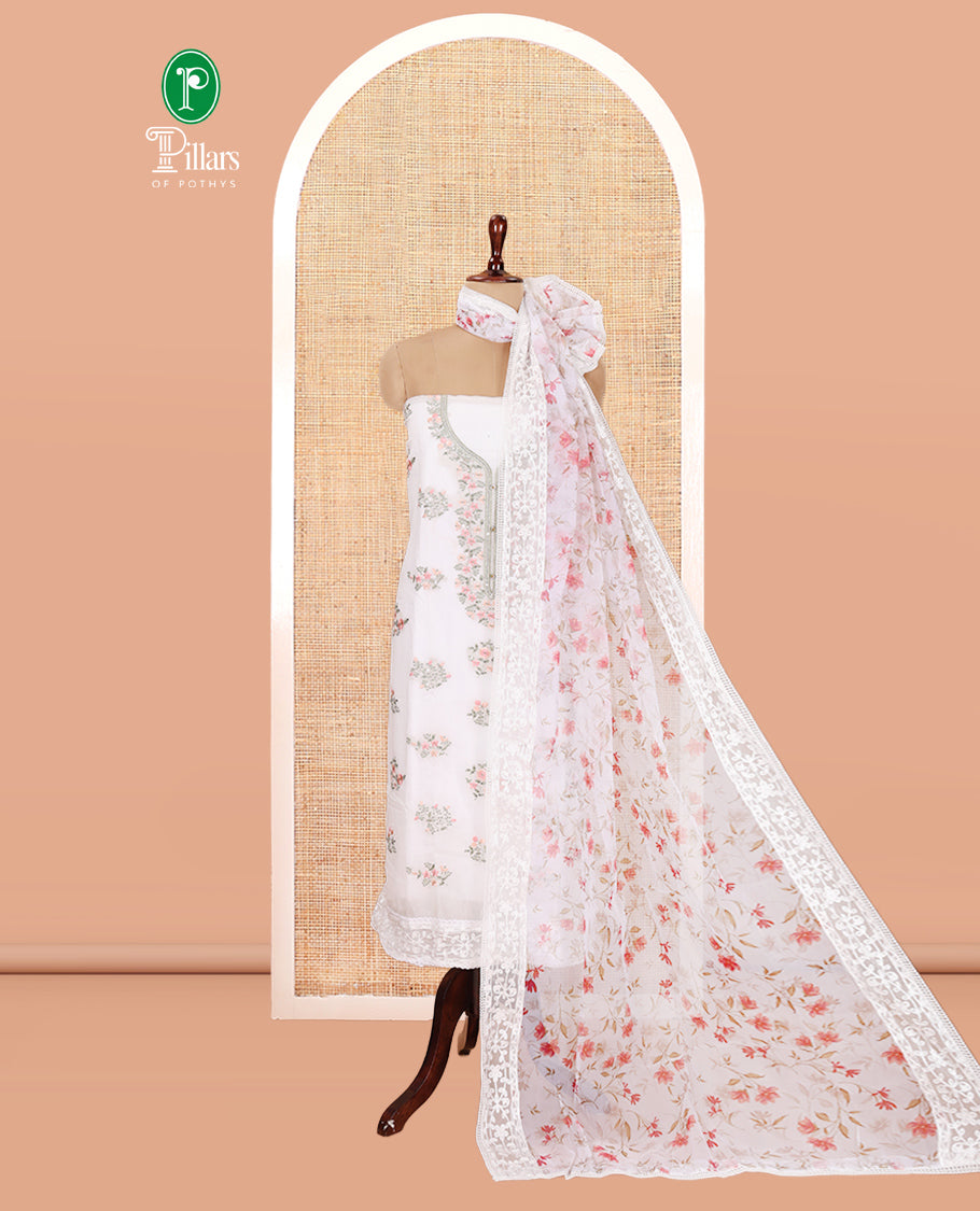 White Chanderi Material Chudiddar, Floral Print Neckwork Top, Plain Bottom, Floral Printed Dupatta