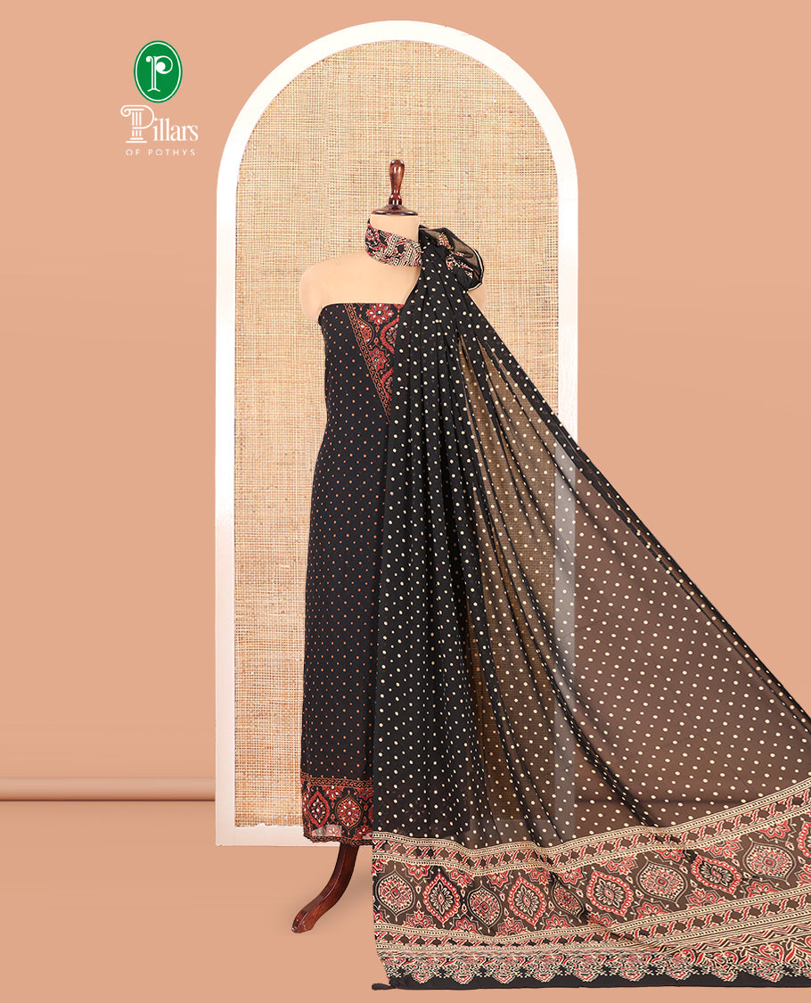 Black Georgette Material Churidar Set, Polka Dot and Ajrakh Neck Work Top, a Matching Bottom, and Ajrakh Printed Dupatta
