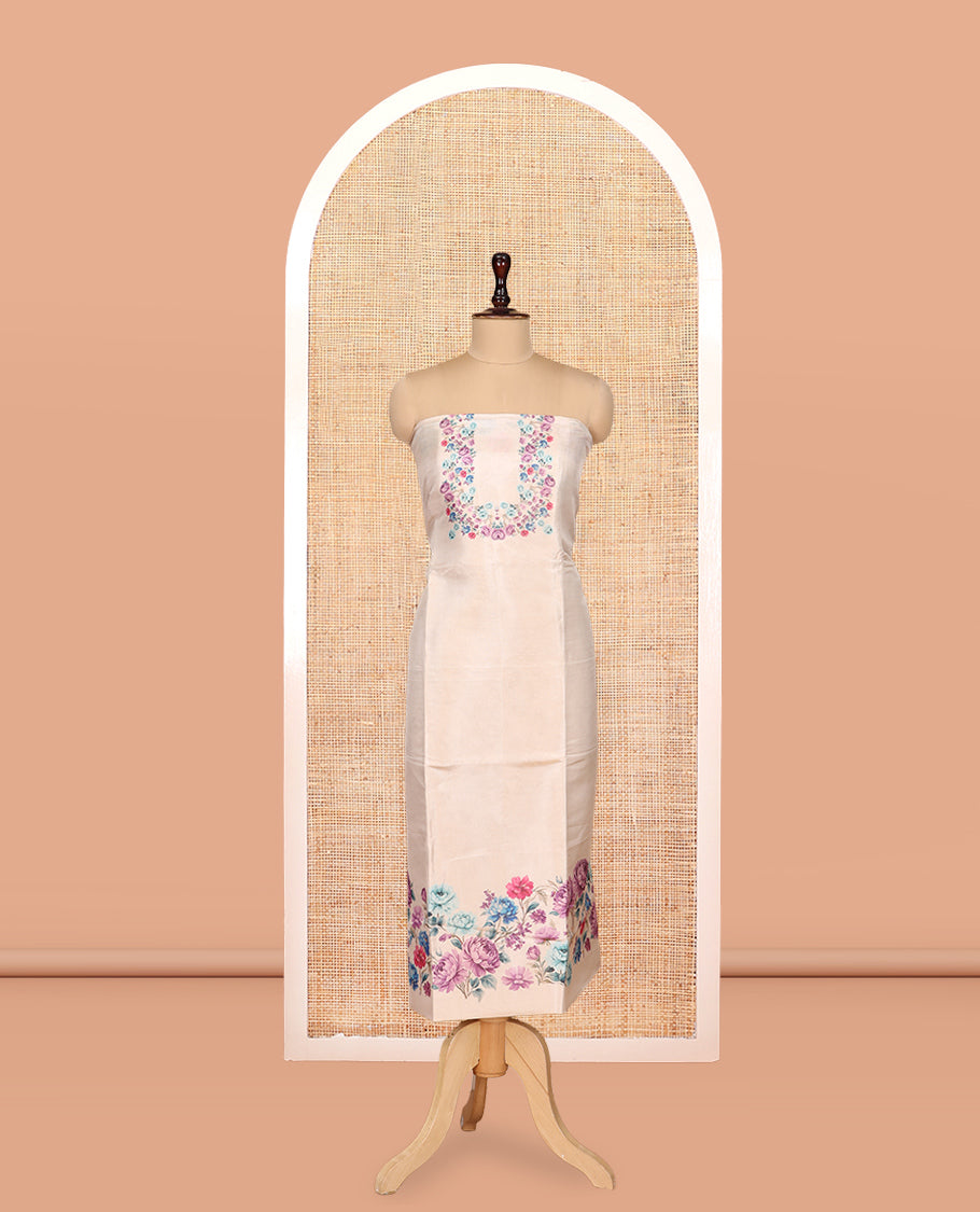 Gold-Chikku Tissue Material Churidar, Adorned with Rose Floral Printed Top, a Contrast Bottom, a Floral Printed Dupatta
