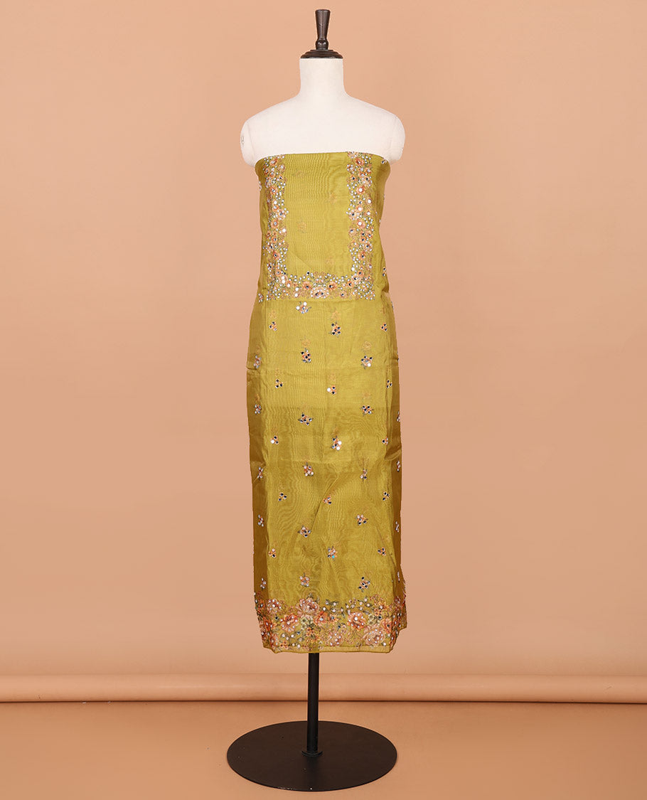 Leaf green floral print, mirror work organza chudidhar material top with santoon material pant & floral print, mirror work dupatta