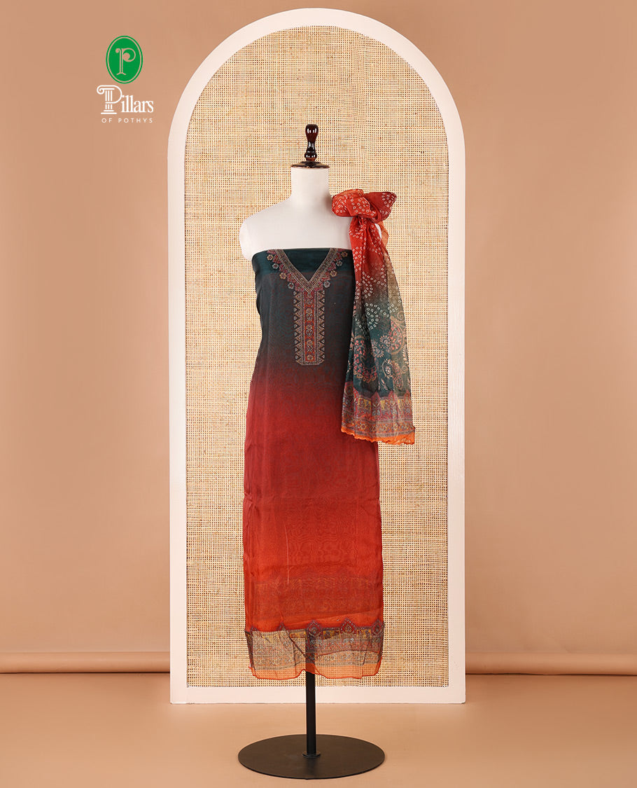 Green ombre chudidar material set, intricately printed & Swarovski stone work V-neck organza top, bhandhani print & Swarovski stone work organza dupatta & plain santoon bottom