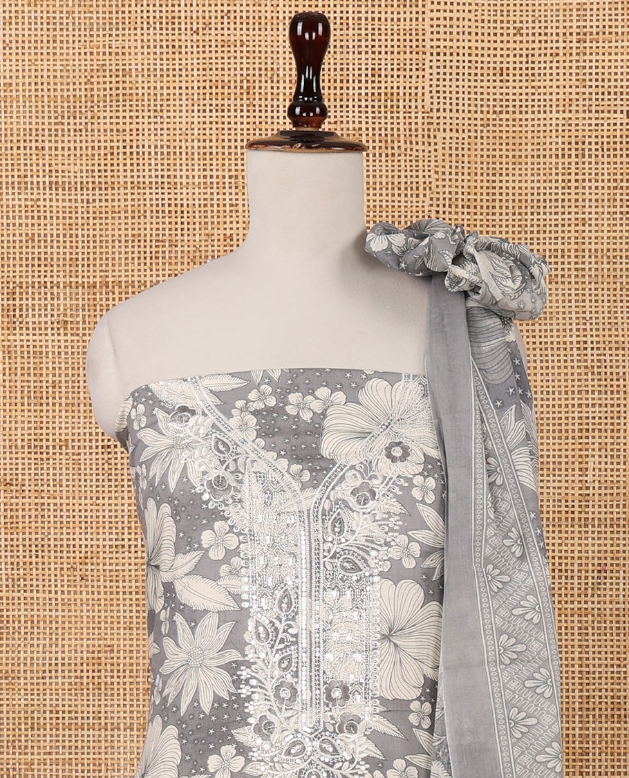 Grey cotton chudidar material set,floral print & neck sequin embroidery top,stripes printed bottom & floral printed dupatta