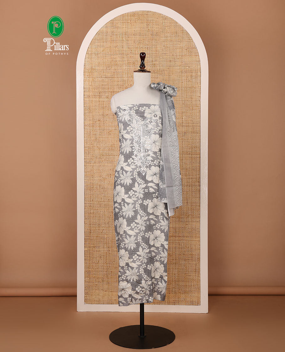 Grey cotton chudidar material set,floral print & neck sequin embroidery top,stripes printed bottom & floral printed dupatta