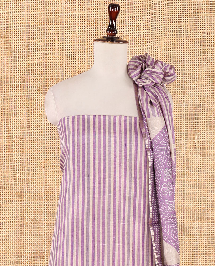 Purple semi-tussar material chudidar set, stripes & bandhani-style dotted motifs printed top & dupatta with heathered bottom