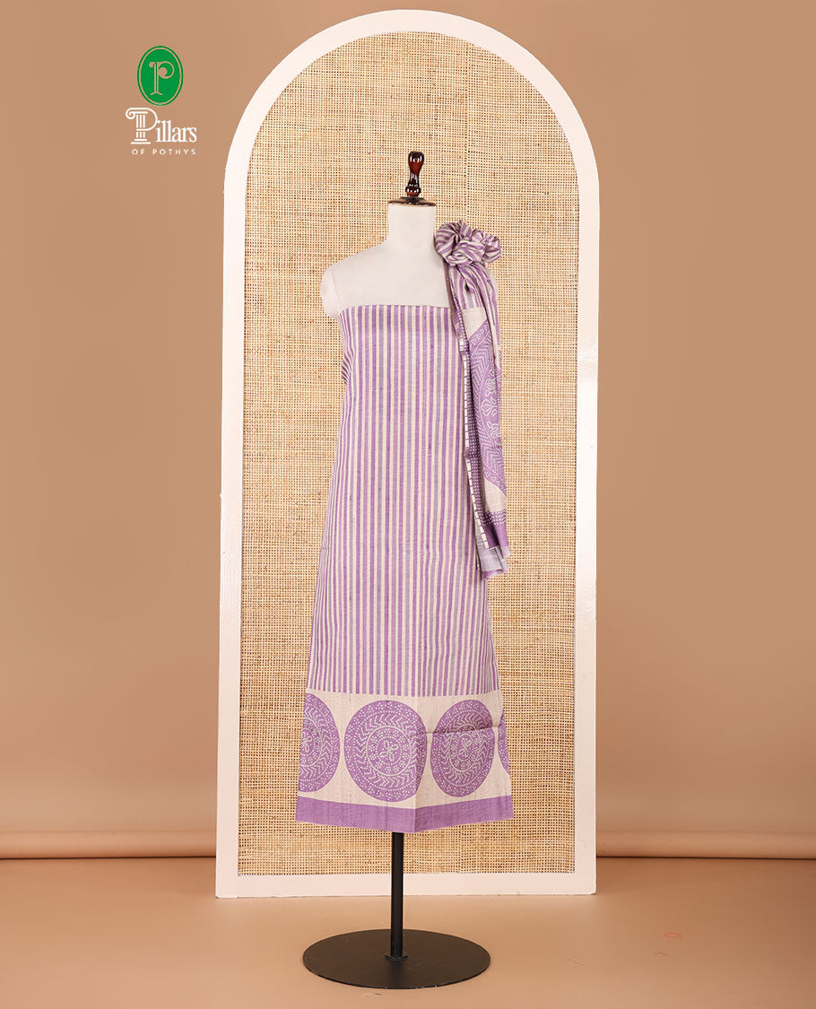 Purple semi-tussar material chudidar set, stripes & bandhani-style dotted motifs printed top & dupatta with heathered bottom