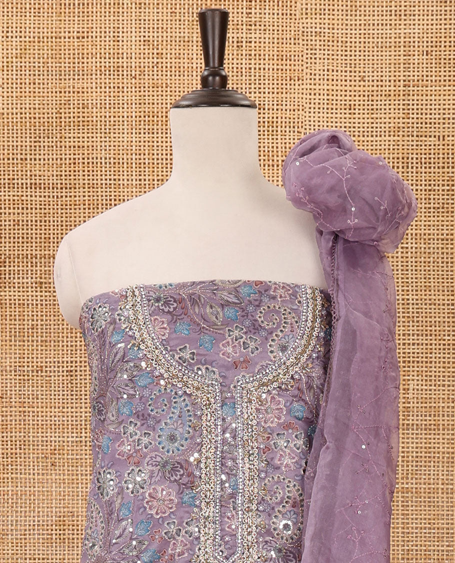 Light lavender material chudidar set, floral printed & outline mixed embroidery organza top,plain bottom & floral vine sequins embroidery dupatta