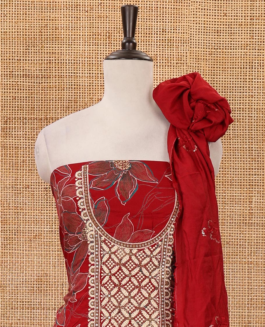 Chilli red material chudidar set, floral print & thread neck embroidered rayon top, matching cotton bottom & sequins embroidered floral dupatta