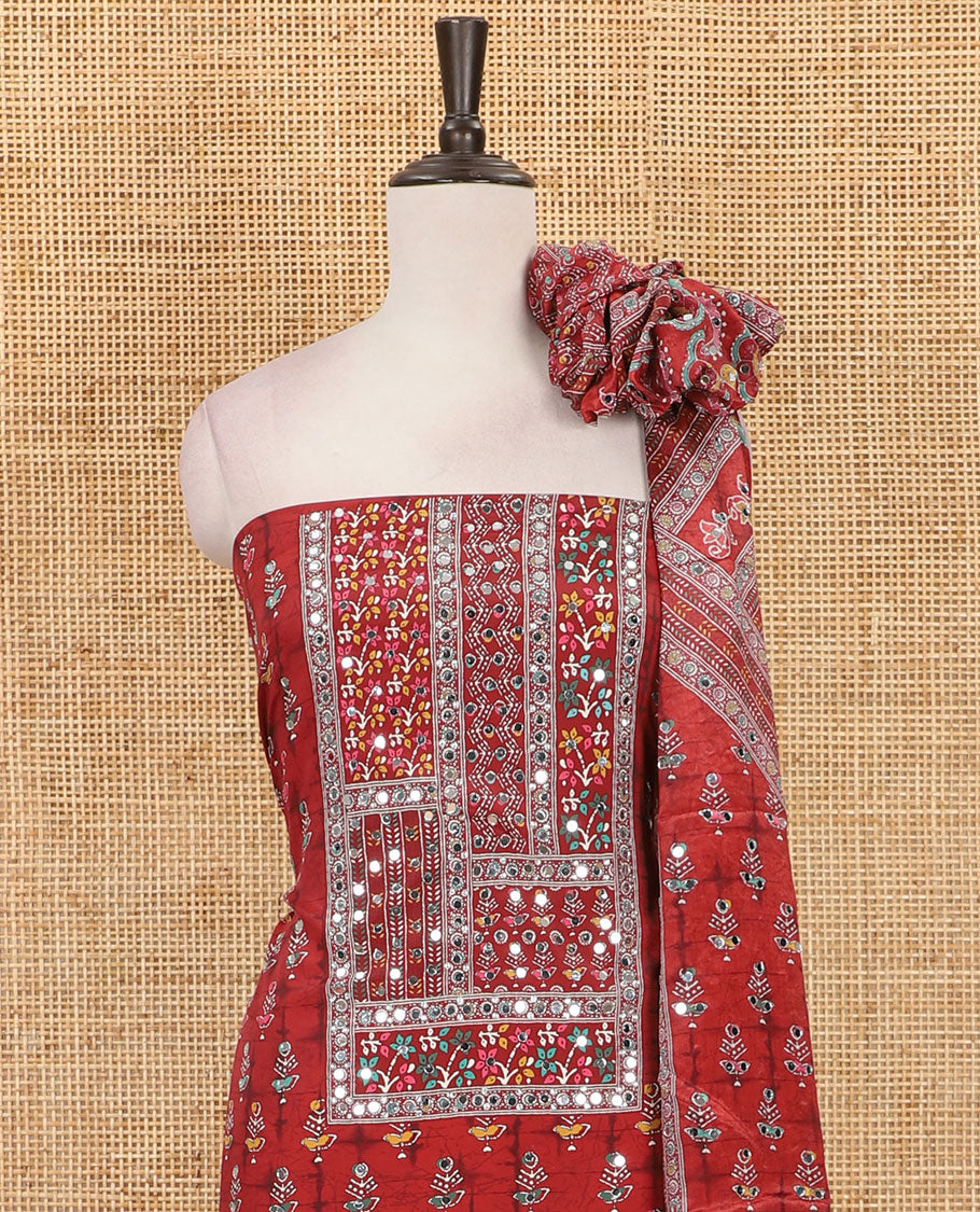 Maroon material chudidar set, floral-theme batik printed with mirror embroidered crepe top, santoon bottom, and Chinon dupatta of print, and mirror embroidery