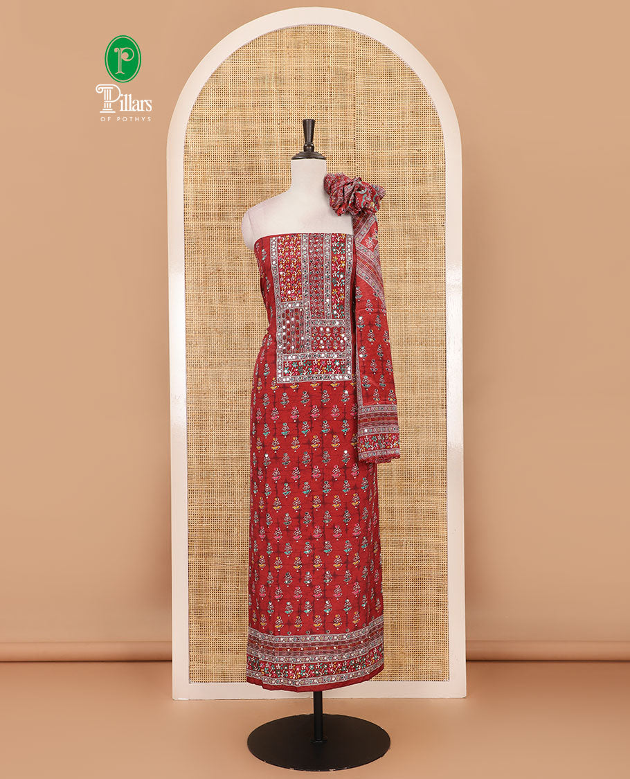 Maroon material chudidar set, floral-theme batik printed with mirror embroidered crepe top, santoon bottom, and Chinon dupatta of print, and mirror embroidery
