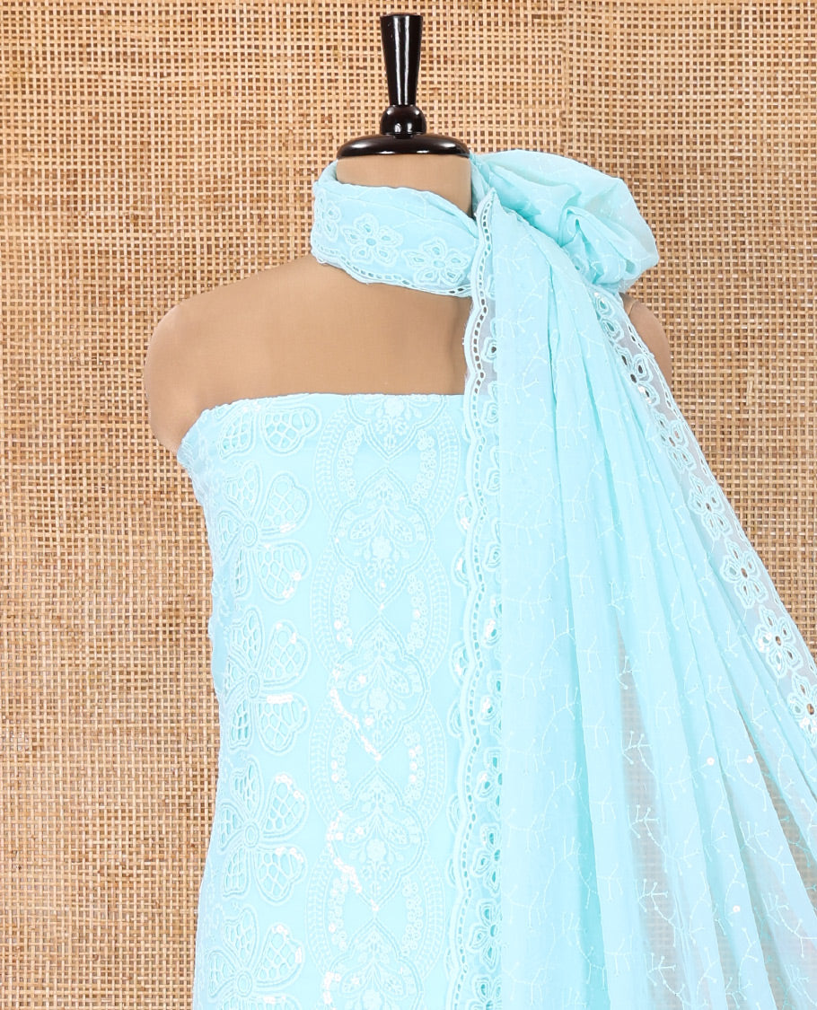 Sea Green Georgette Material Chudidar Set, Adorned with Cut Work and Sequins Embroidered Top, a Plain American Crepe Bottom, and Comes with a Embroidered Georgette Scallop Dupatta