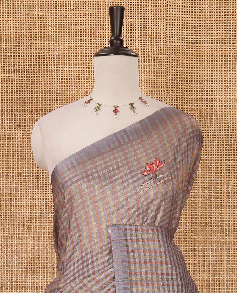 Borderless grey checked & lotus motifs kantha work-style printed fancy tussar saree, painting-style scenery printed pallu & lotus motifs printed blouse