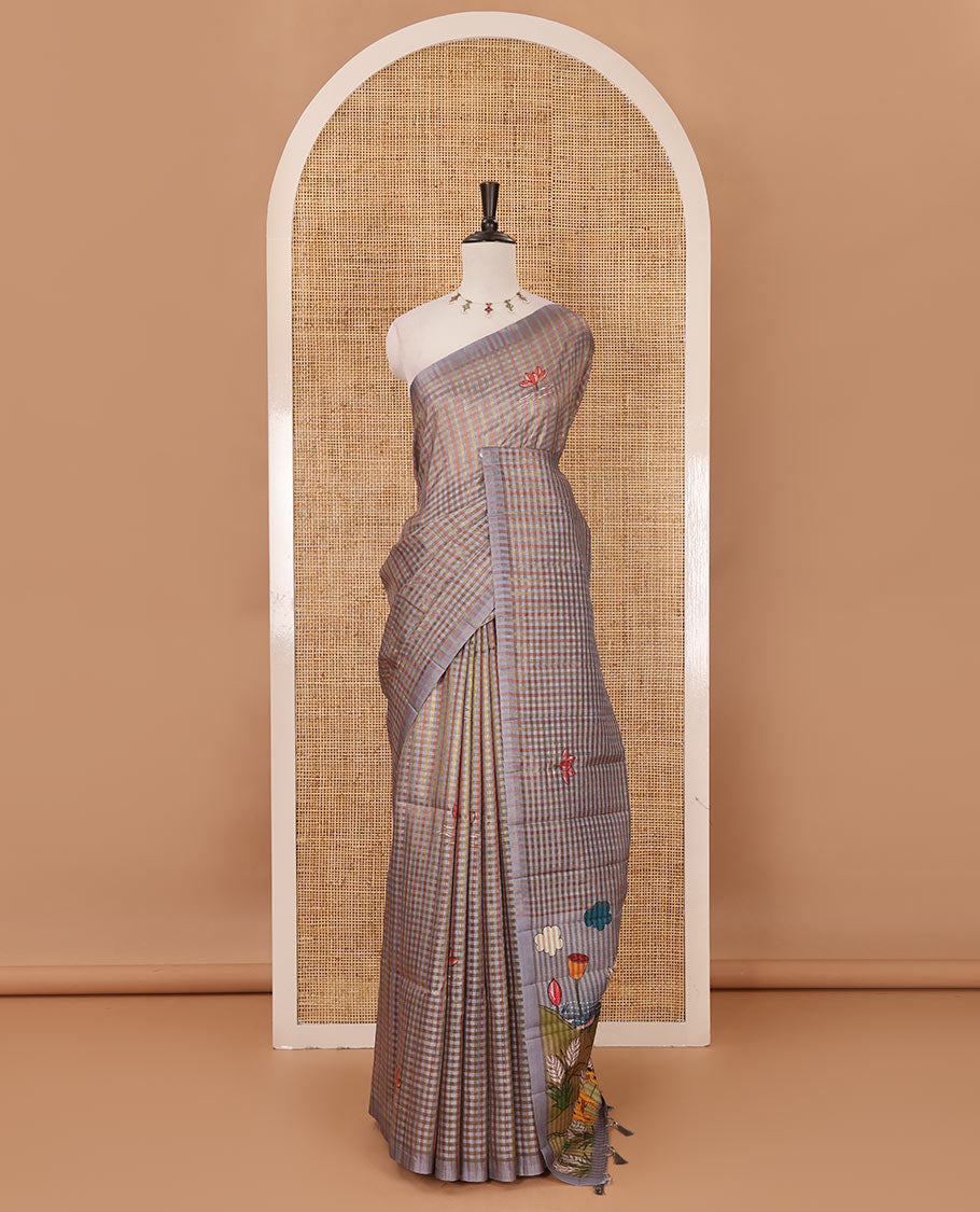 Borderless grey checked & lotus motifs kantha work-style printed fancy tussar saree, painting-style scenery printed pallu & lotus motifs printed blouse