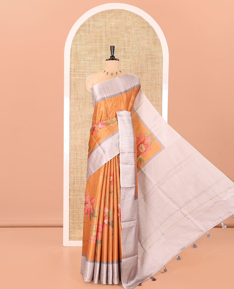 Mustard Fancy Tussar Silk Saree, Elevated with Floral Cross Stitch Embroidery All Over Its Body, Complemented by a Contrast Temple Zari Checked Border, Pallu of Checked Designs, and Paired with a Contrast Blouse