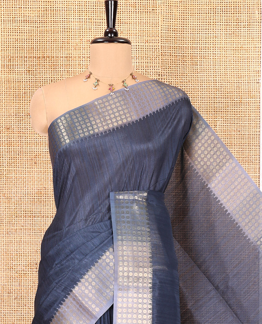 Navy Plain Matka Silk Fancy Saree , Small Polka Dots Woven Temple contrast Border, Pallu Steeped with Polka Dots, and Paired with a Patola-Style Floral Printed Blouse