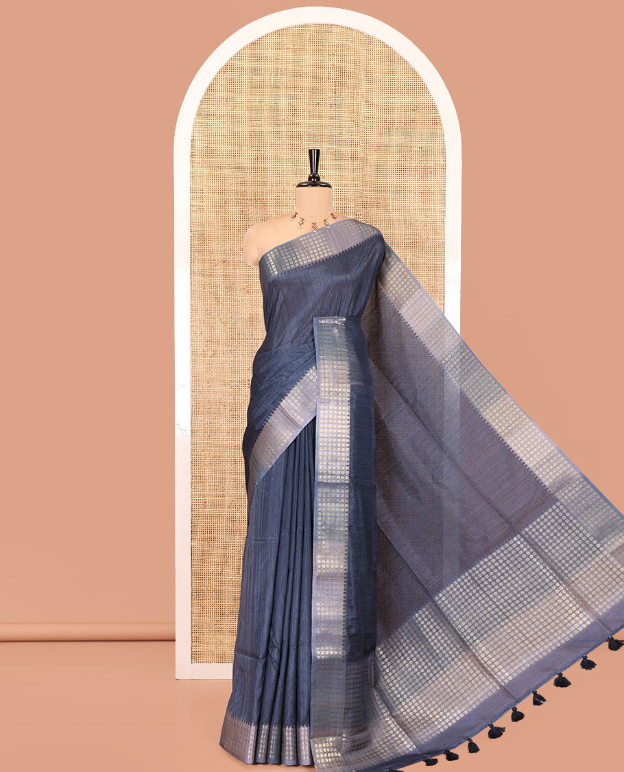 Navy Plain Matka Silk Fancy Saree , Small Polka Dots Woven Temple contrast Border, Pallu Steeped with Polka Dots, and Paired with a Patola-Style Floral Printed Blouse
