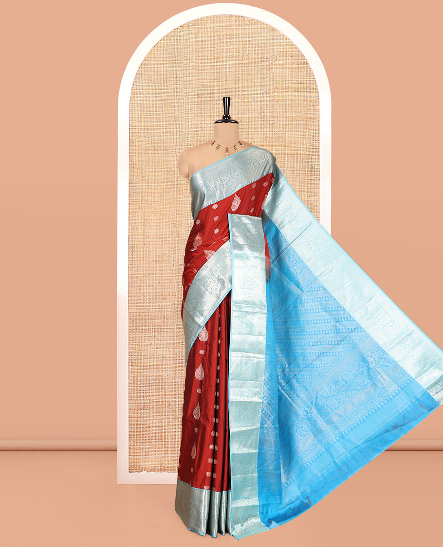 Maroon and Light Blue Budget Silk Saree, Zari Buttas All Over Its Body, With Contrast Traditional Zari Border of Paisley Designs, Grand Pallu, and Paired with a Contrast Blouse