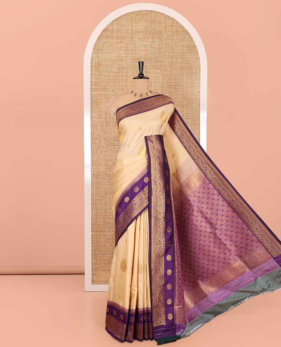 Beige Art Silk Saree, Entralled with Zari Buttas, a Contrast Traditional Zari Border, Grand Pallu and a Contrast Blouse