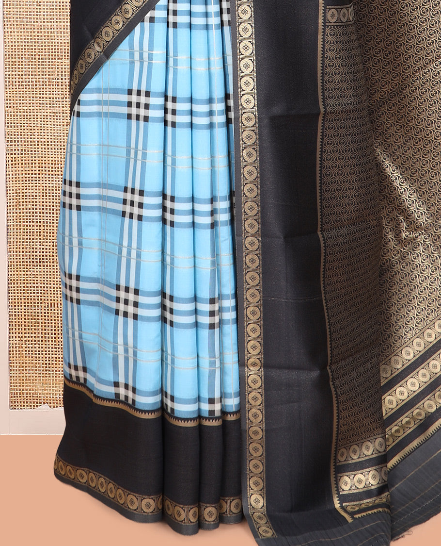Sky Blue Budget Silk Saree, Adorned with Burberry-Style Checks, a Contrast Rettai Pettu Border, Intricate Pallu, and a Contrast Blouse