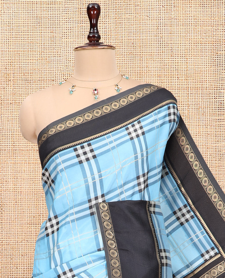 Sky Blue Budget Silk Saree, Adorned with Burberry-Style Checks, a Contrast Rettai Pettu Border, Intricate Pallu, and a Contrast Blouse