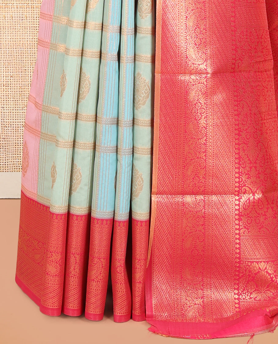 Multi-Color Zari Butta Enclosed Checks Litchi Saree, Graced with Contrast Traditional Border and Blouse