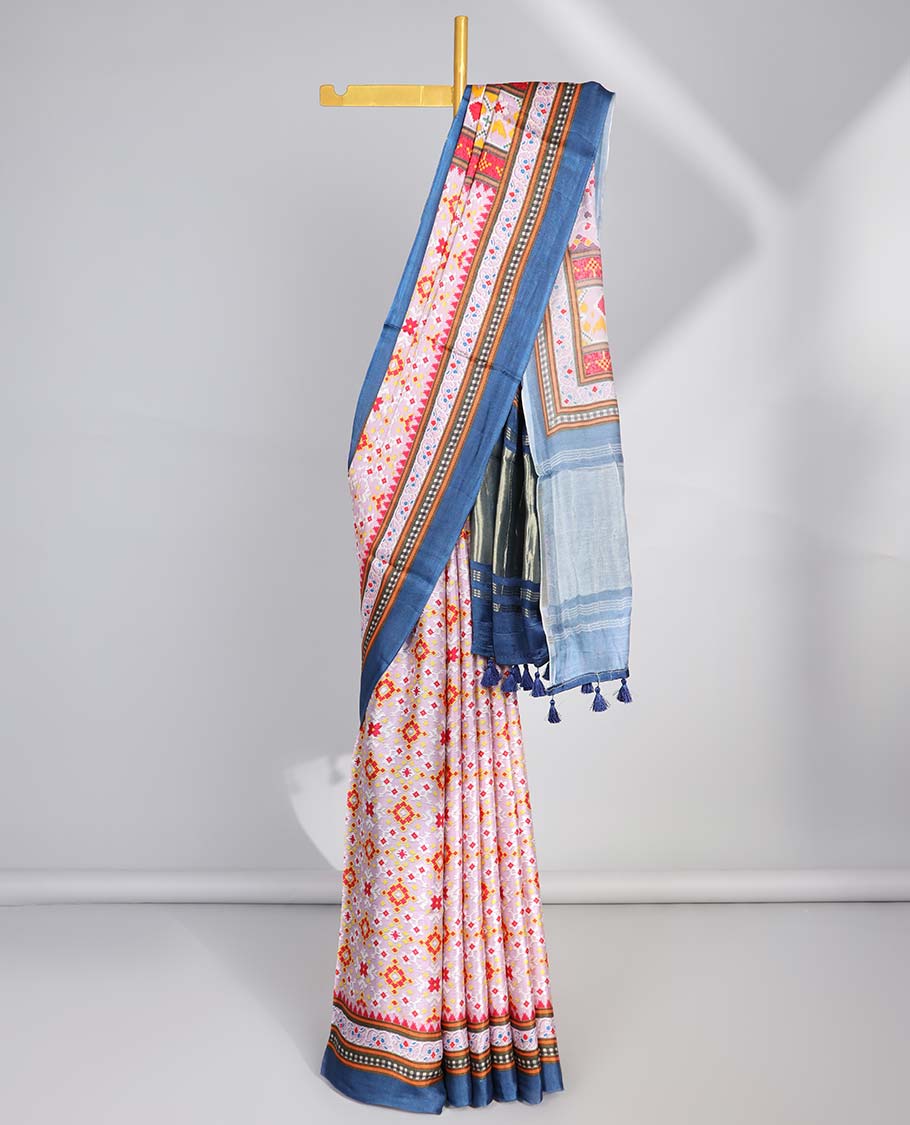 Multi-colored geometric design semi-banaras printed saree with contrast plain border & intricate design pallu