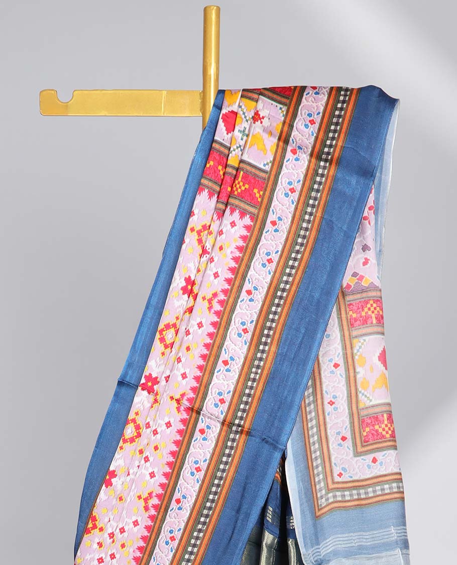 Multi-colored geometric design semi-banaras printed saree with contrast plain border & intricate design pallu