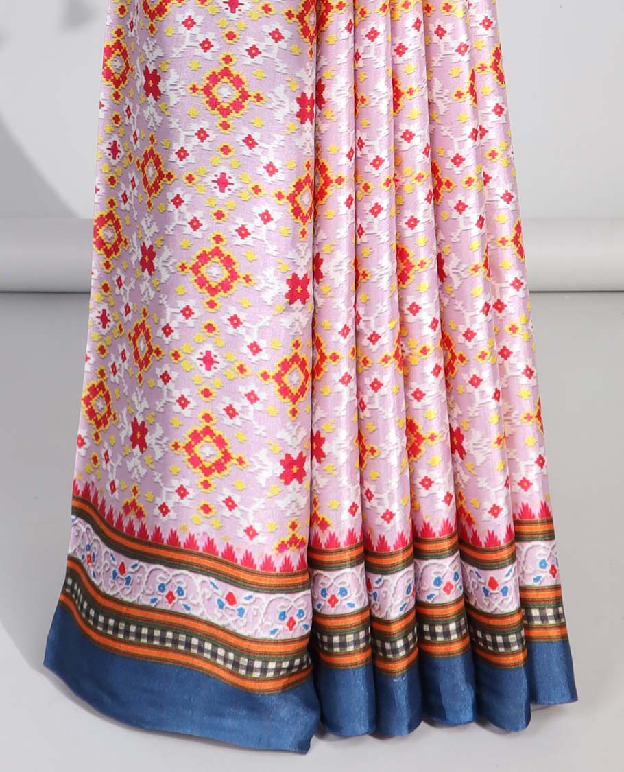 Multi-colored geometric design semi-banaras printed saree with contrast plain border & intricate design pallu