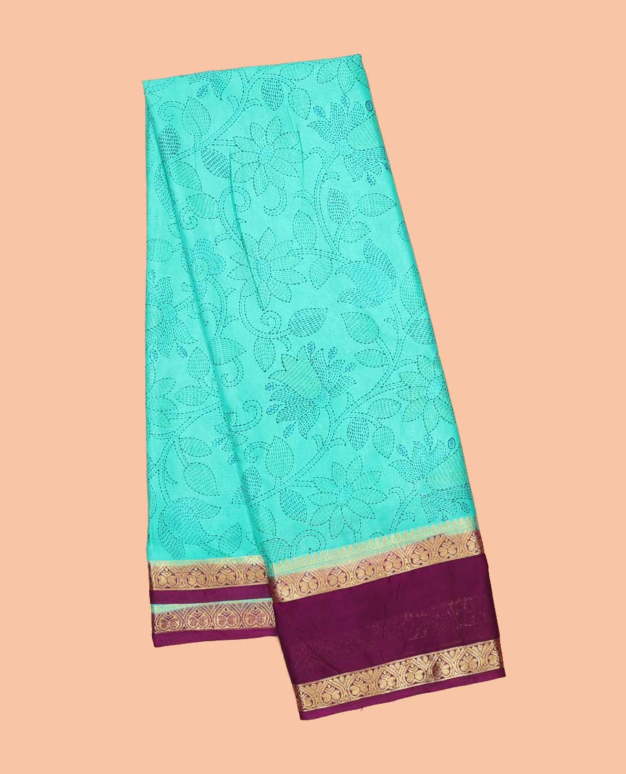 Blue madhubani-style floral vine semi-banaras printed saree, contrast traditional design border & striped pallu